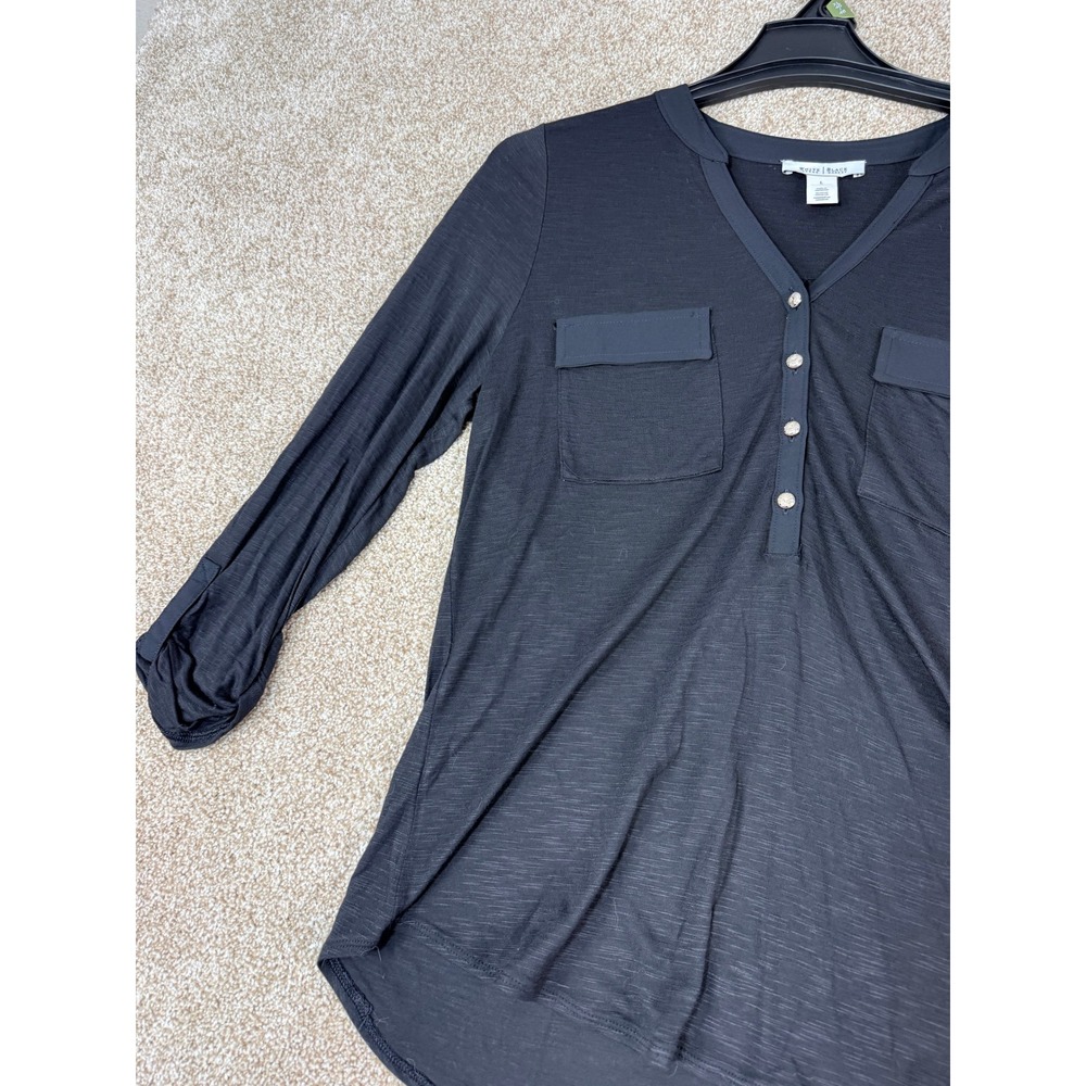 White House Black Market Black Rayon Slub Henley High-Low Top Womens Large L - Picture 9 of 10